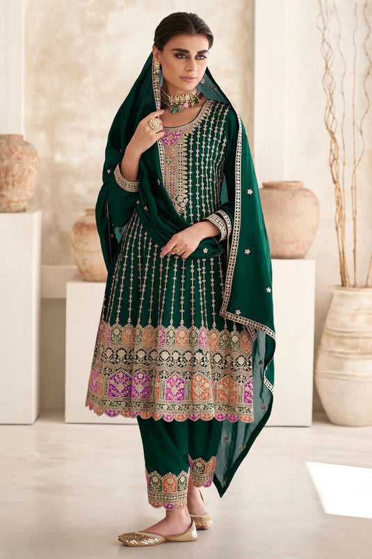Fabulous Chinon Fabric Green Color Readymade Salwar Suit