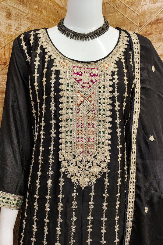 Black Color Chinon Fabric Glamorous Look Readymade Salwar Suit