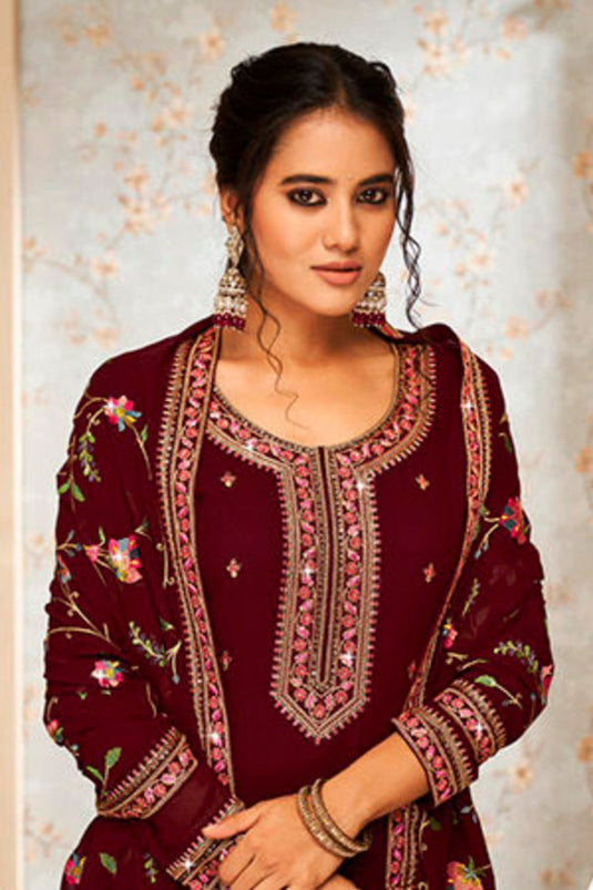 Radiant Maroon Color Georgette Fabric Embroidered Palazzo Suit