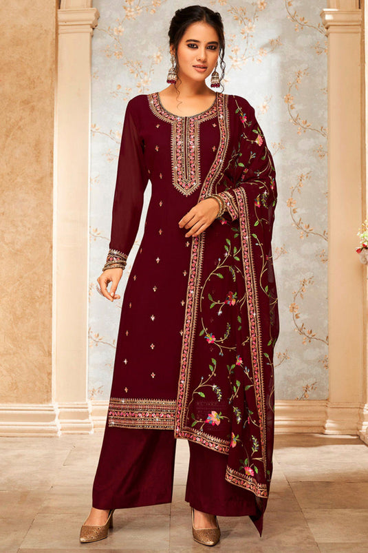Radiant Maroon Color Georgette Fabric Embroidered Palazzo Suit