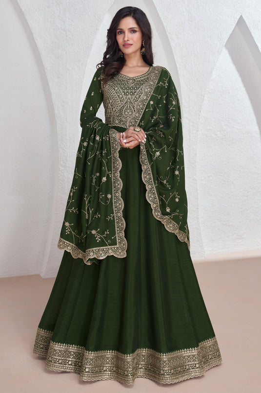 Vartika Singh Chinon Fabric Charismatic Readymade Gown With Dupata In Green Color