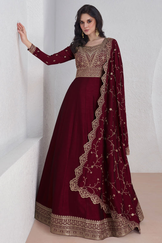 Eugeniya Belousova Maroon Color Captivating Readymade Gown With Dupata In Chinon Fabric
