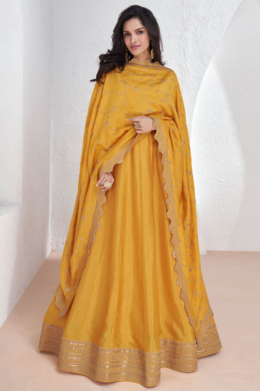 Vartika Singh Chinon Fabric Yellowe Color Ingenious Readymade Gown With Dupata