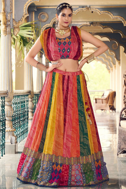 Chinon Fabric Bewitching Readymade Lehenga In Multi Color