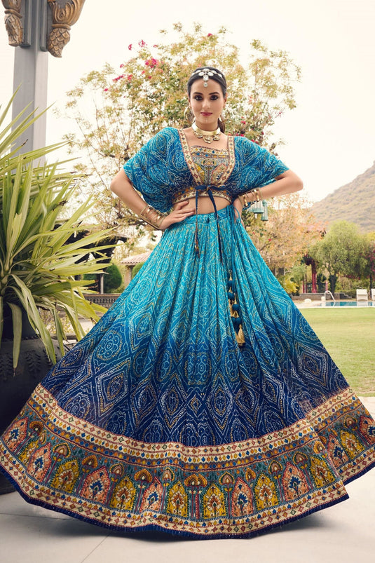 Chinon Fabric Cyan Color Excellent Readymade Lehenga