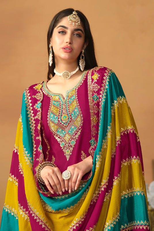 Chinon Silk Fabric Rani Color Trendy Salwar Suit With Multi Color Dupatta