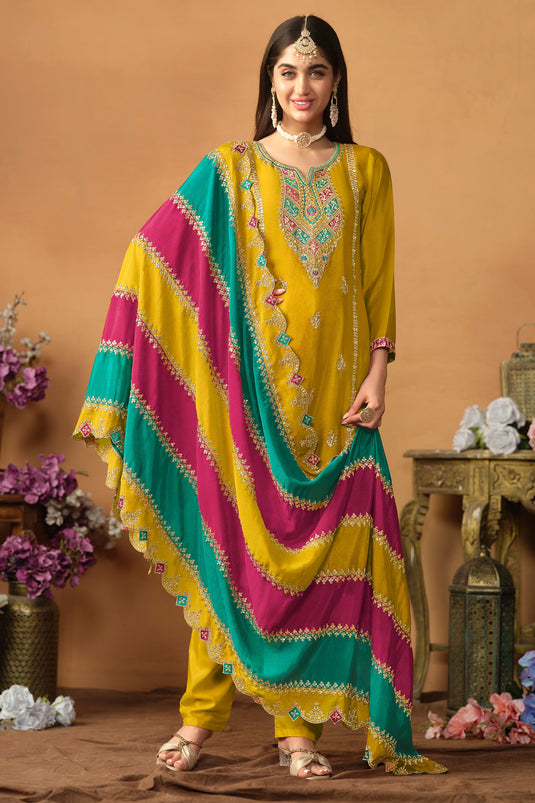 Yellow Color Chinon Silk Fabric Tempting Salwar Suit With Multi Color Dupatta