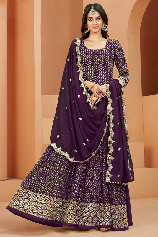 Purple Color Georgette Fabric Sequins Work Awesome Anarkali Suit