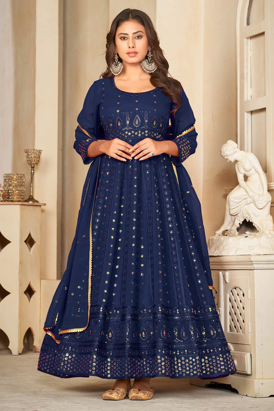 Blue Color Glittering Georgette Fabric Sequins Embroidered Anarkali Suit