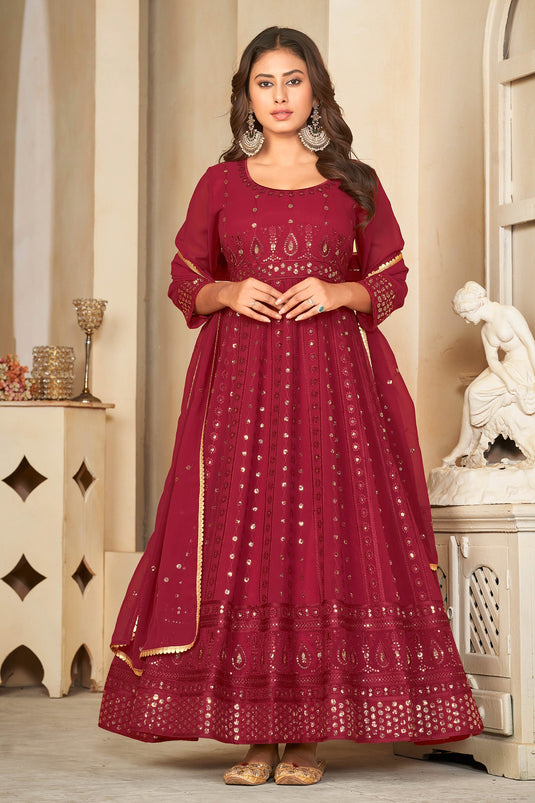 Dazzling Georgette Fabric Maroon Color Sequins Embroidered Anarkali Suit