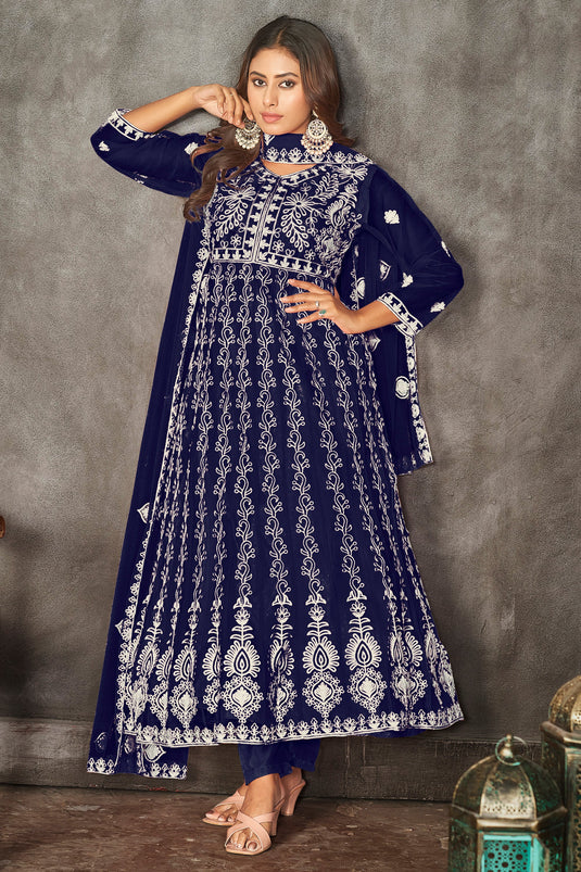Tempting Net Fabric Blue Color Embroidered Anarkali Suit