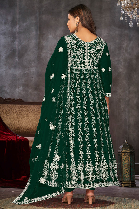 Engaging Green Color Net Fabric Embroidered Anarkali Suit