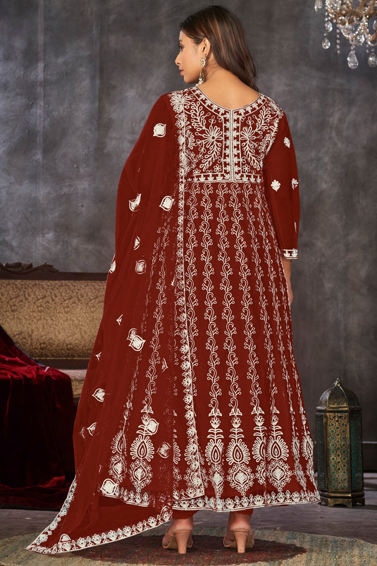 Classic Maroon Color Embroidered Anarkali Suit In Net Fabric