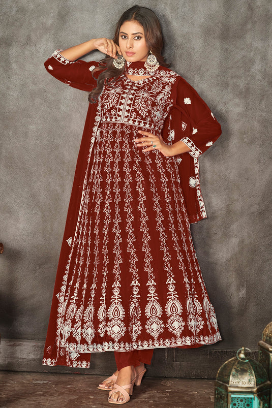 Classic Maroon Color Embroidered Anarkali Suit In Net Fabric