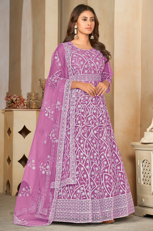 Net Fabric Embroidered Beatific Anarakali Suit In Pink Color