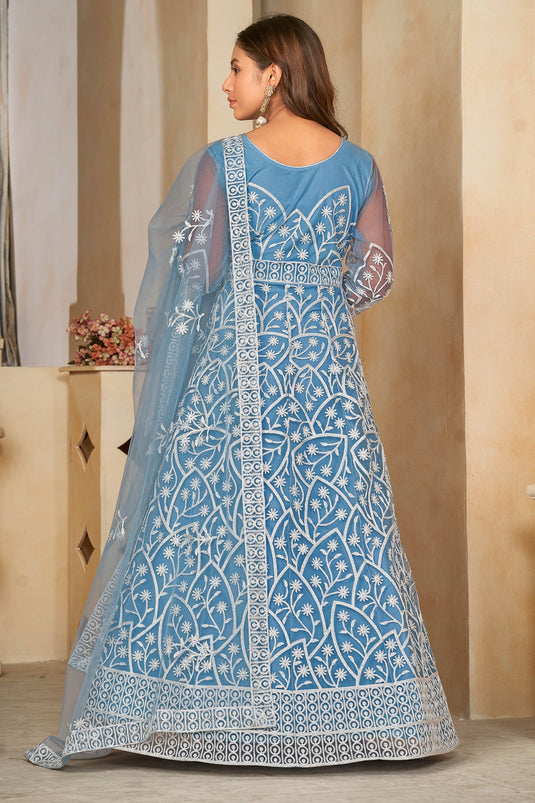 Embroidered Sky Blue Color Inventive Anarakali Suit In Net Fabric