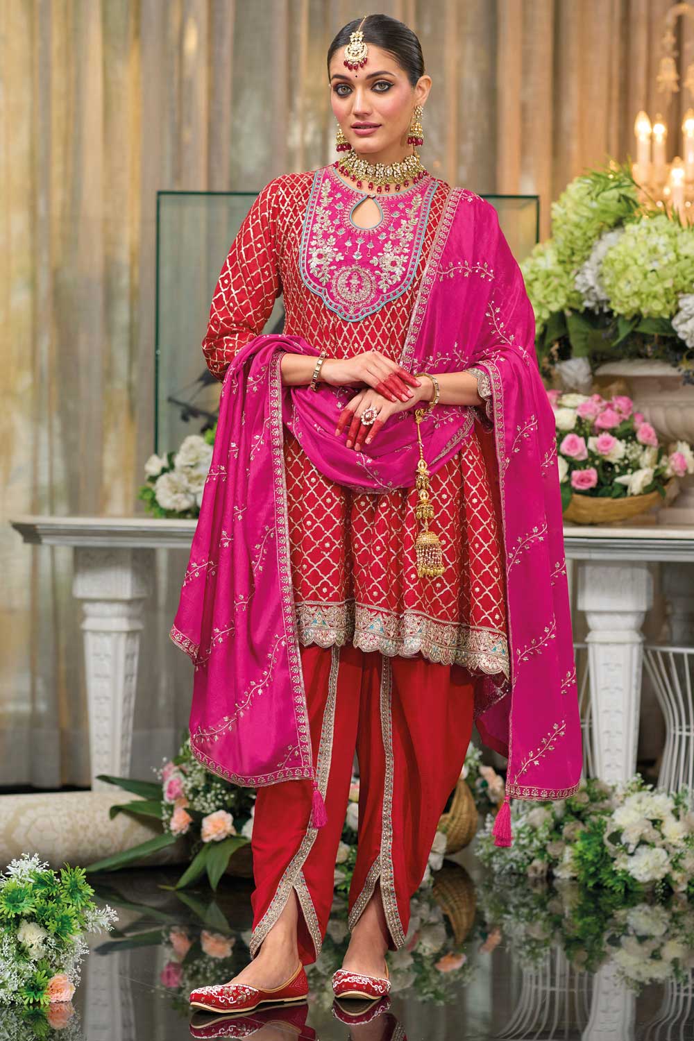 Chinon Fabric Red Color Stylish Readymade Dhoti Style Salwar Suit