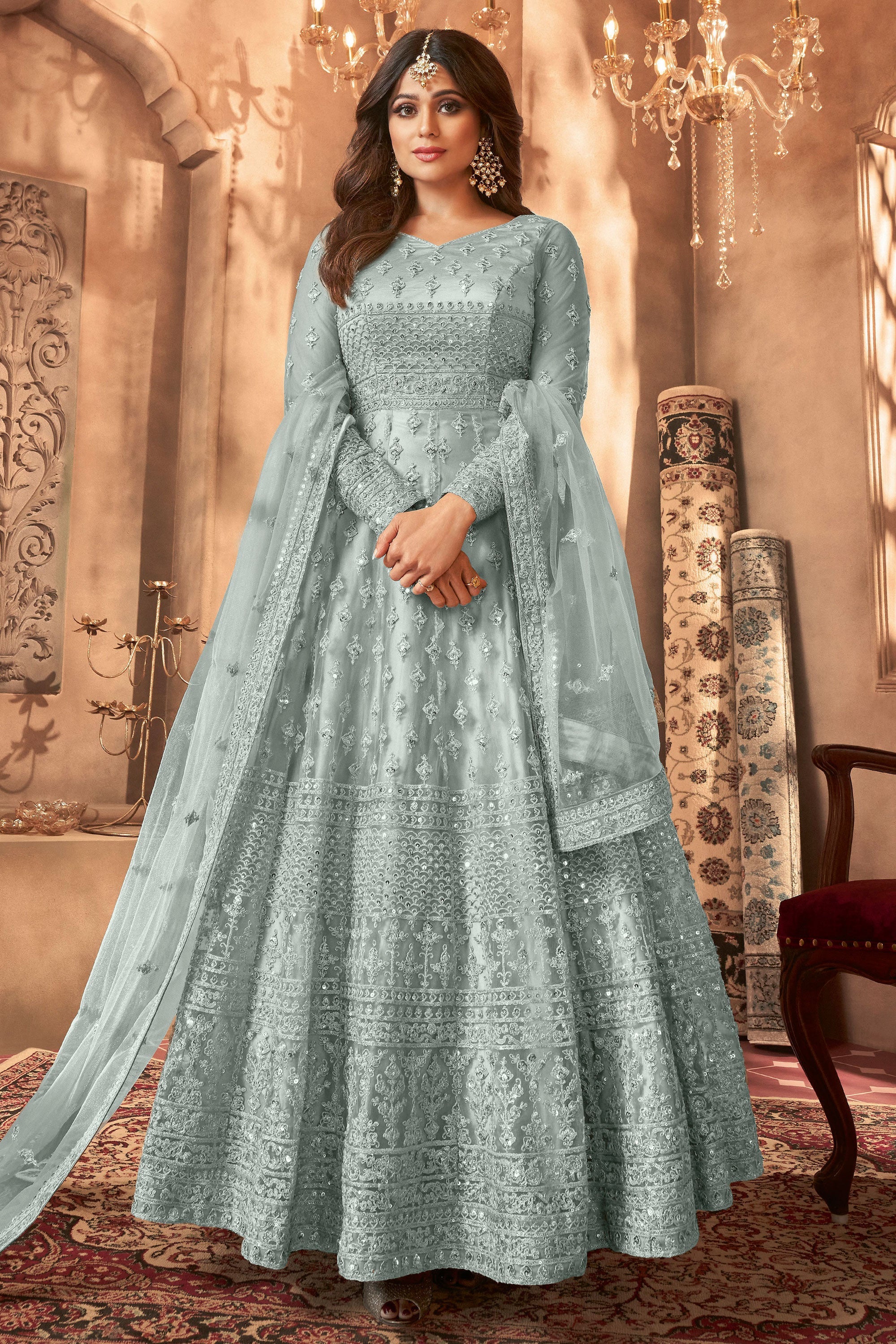 Shamita Shetty Grey Net Party Wear Anarkali Suit