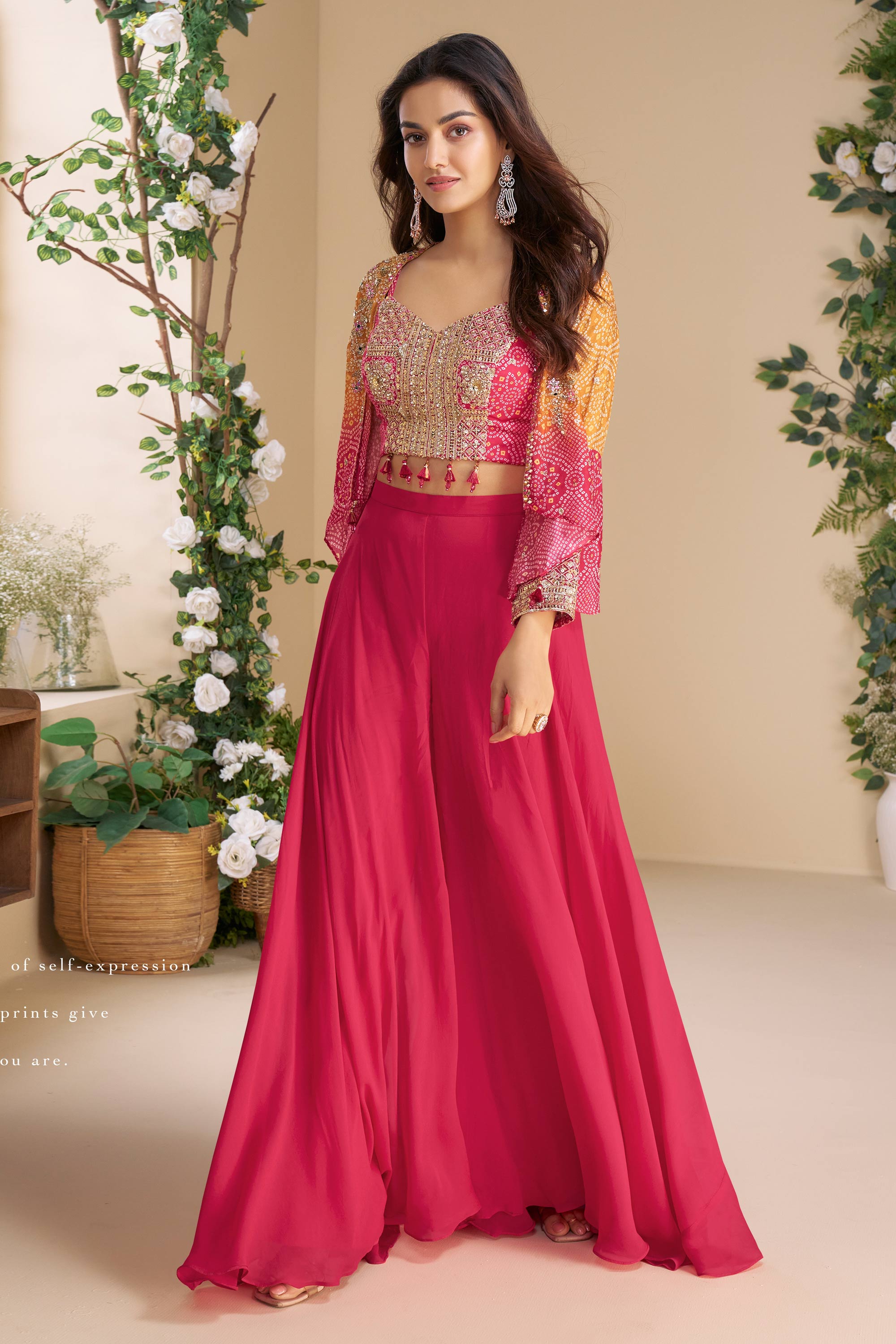 Hot Pink Indo Western Palazzo Set With Jacket Sarees Bazaar Hot Pink Indo Western Palazzo Set With Jacket Sarees Bazaar