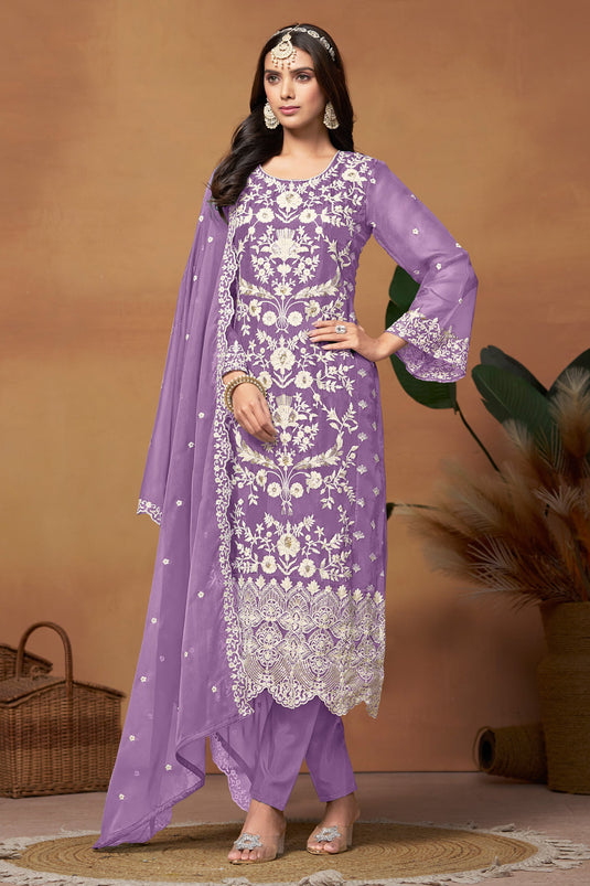 Tempting Organza Fabric Lavender Color Function Wear Salwar Suit