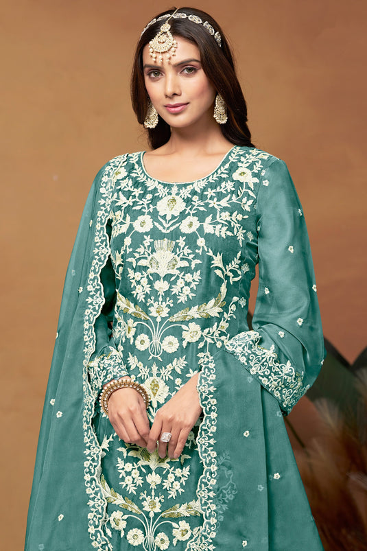 Engaging Sea Green Color Organza Fabric Function Wear Salwar Suit
