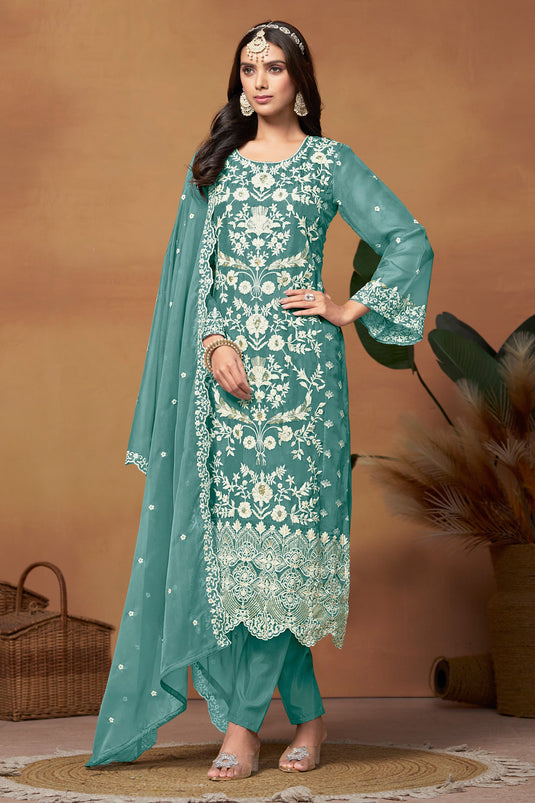 Engaging Sea Green Color Organza Fabric Function Wear Salwar Suit