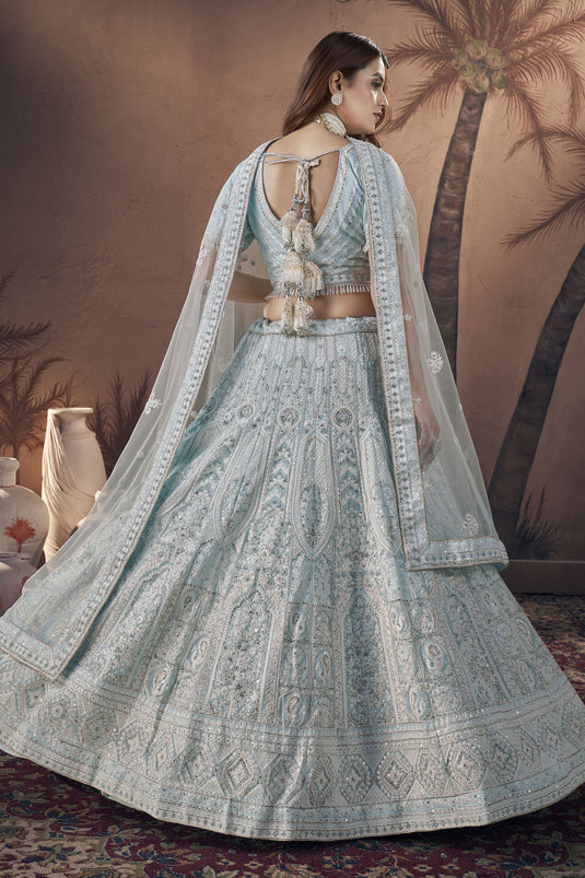 Sequins Work Georgette Fabric Sky Blue Color Beatific Look Readymade Bridal Lehenga
