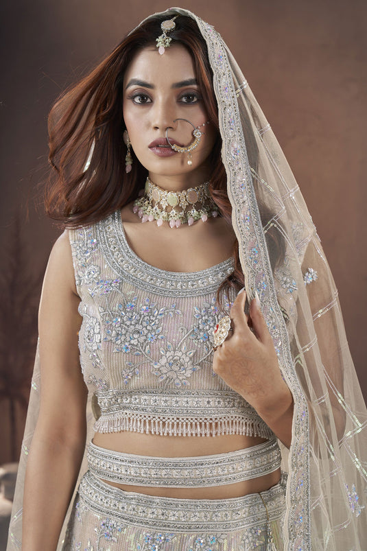 Net Fabric Captivating Sequins Designs White Color Readymade Bridal Lehenga