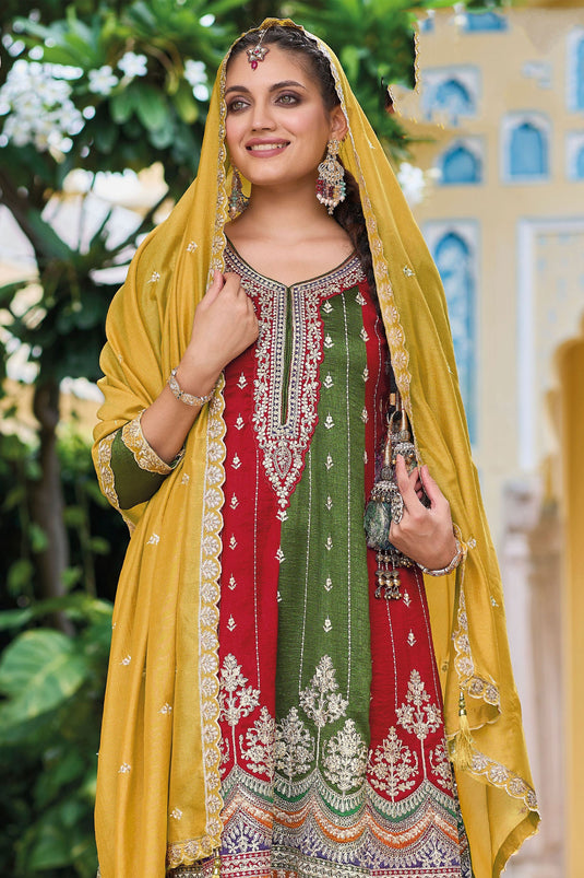 Entrancing Art Silk Fabric Readymade Salwar Suit In Mehendi Green Color