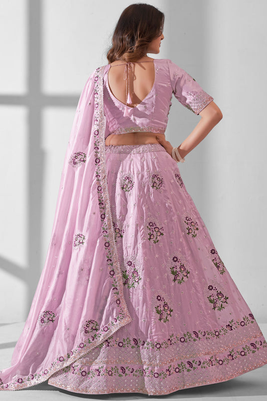 Stylish Sequins Work Organza Fabric Pink Color Lehenga For Sangeet