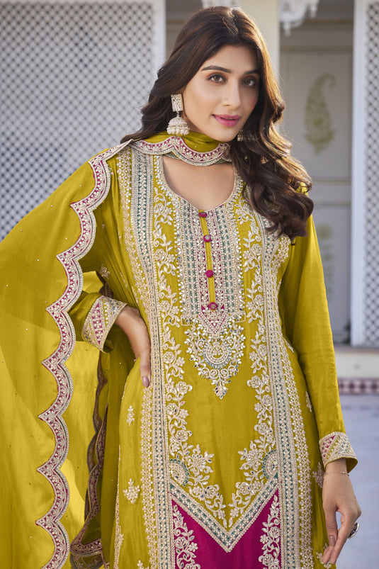 Yellow Color Chinon Fabric Enticing Sangeet Wear Readymade Palazzo Suit