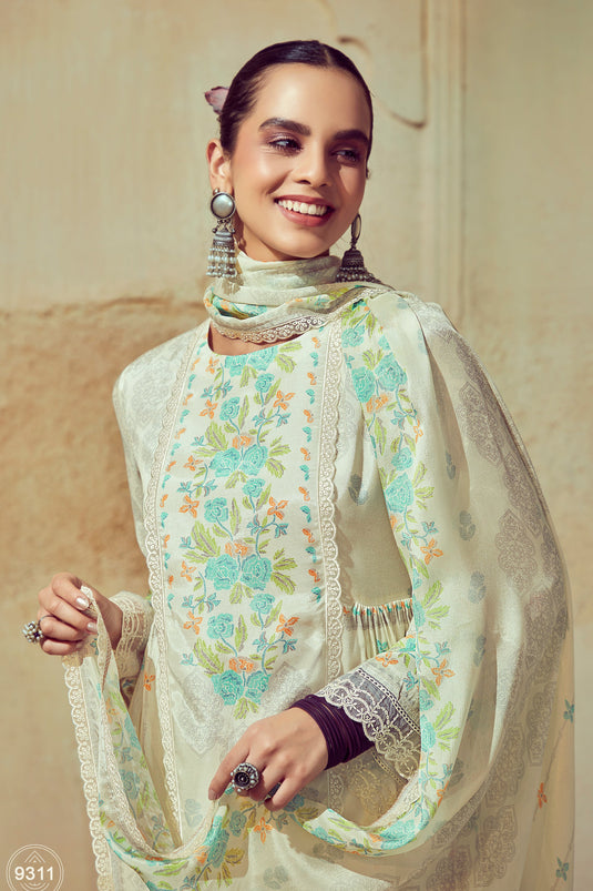 Beige Color Muslin Fabric Tempting Festive Look Salwar Suit