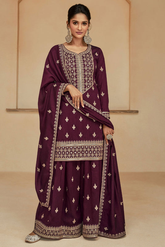 Sushrii Mishraa Soothing Wine Color Readymade Art Silk Palazzo Suit
