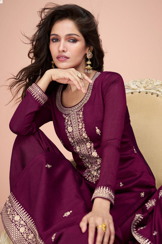 Vartika Singh Wine Color Silk Fabric Alluring Embroidered Salwar Suit