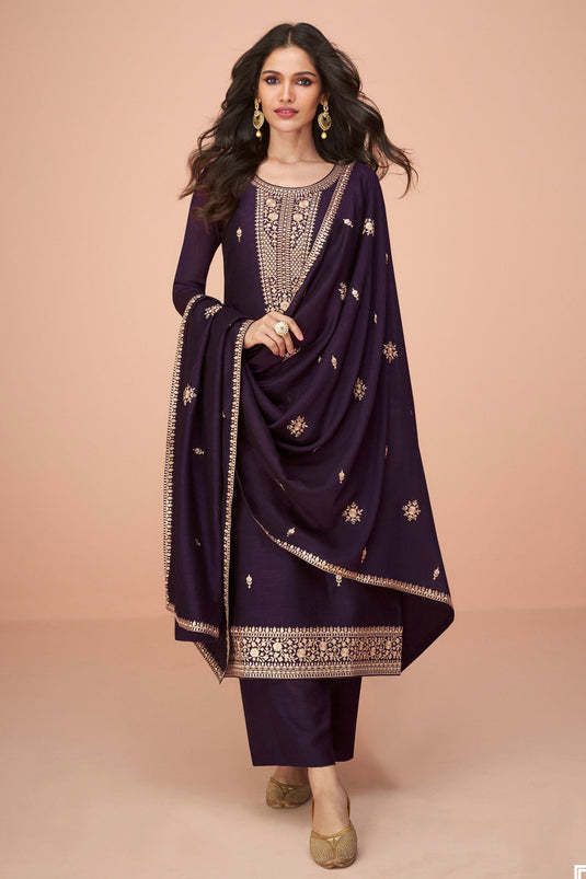 Vartika Singh Purple Color Silk Fabric Embroidered Classic Salwar Suit