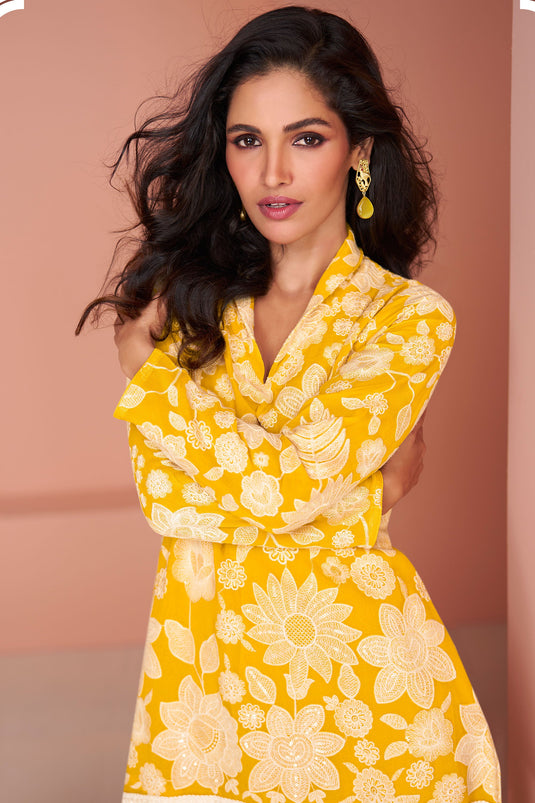 Heavy Georgette Fabric Casual Look On Yellow Color Co-Ord Set