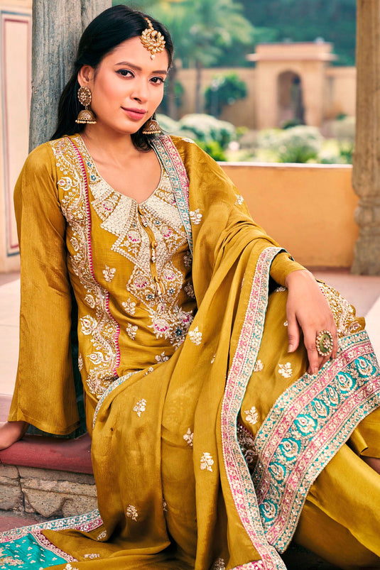 Entrancing Chinon Fabric Readymade Salwar Suit In Mustard Color