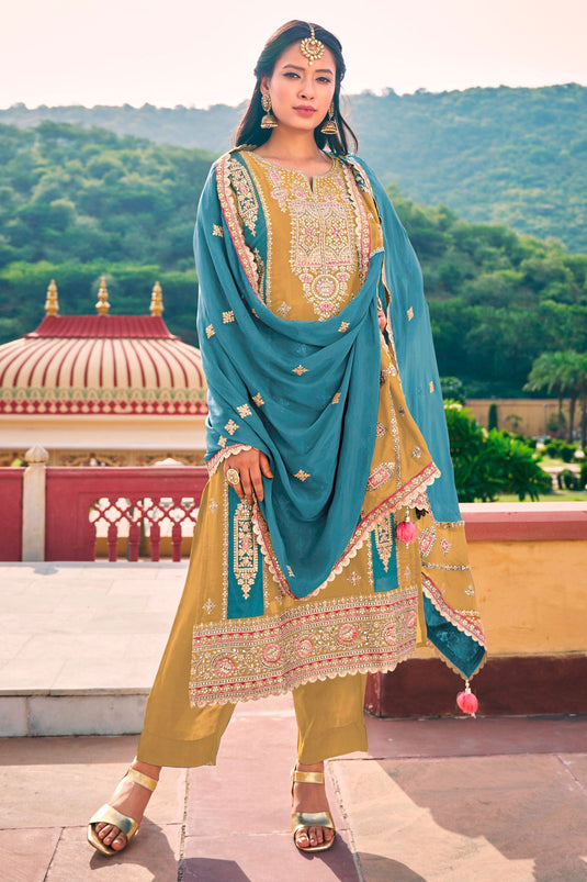 Charming Yellow Color Chinon Fabric Readymade Salwar Suit
