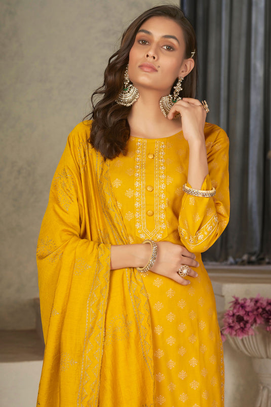 Appealing Festive Wear Rayon Fabric Readymade Salwar Suit In Yellow Color