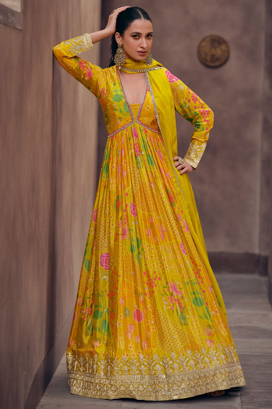 Diksha Singh Yellow Color Fascinating Georgette Readymade Gown With Dupatta