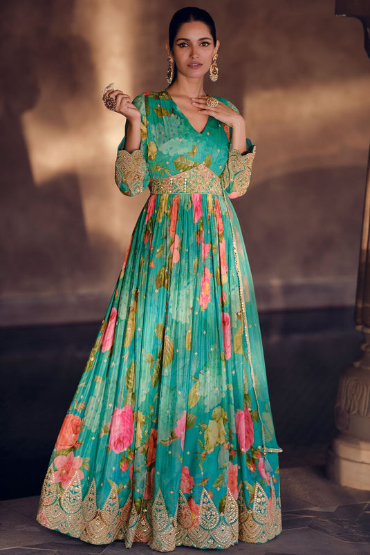 Vartika Singh Sea Green Color Charismatic Georgette Readymade Gown With Dupatta