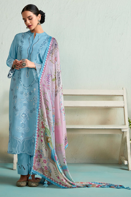 Incredible Muslin Fabric Blue Color Function Wear Salwar Suit