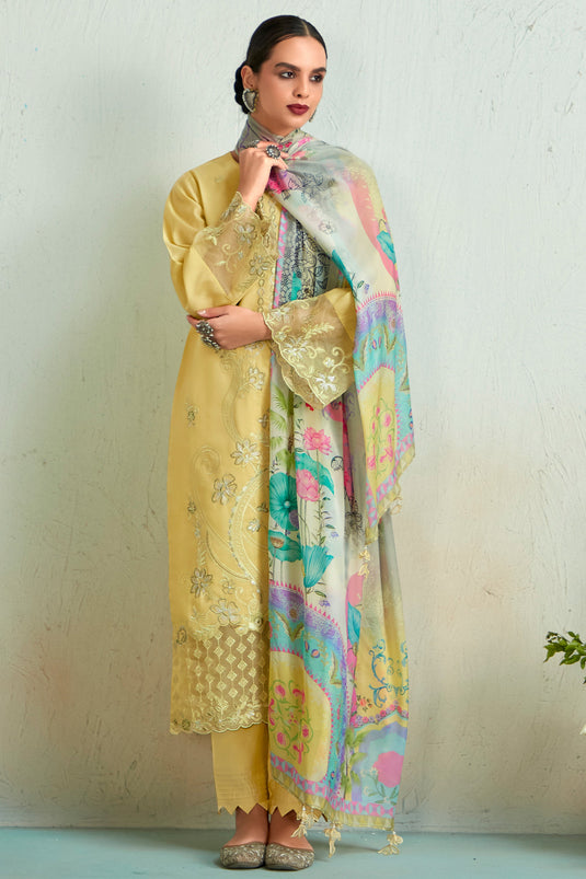 Muslin Fabric Yellow Color Function Wear Winsome Salwar Suit