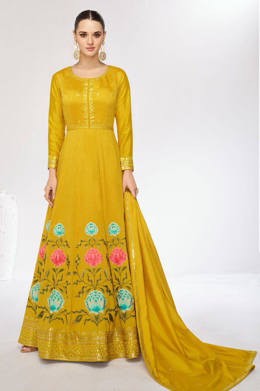 Eugeniya Belousova Yellow Color Glorious Readymade Gown With Dupatta In Art Silk Fabric