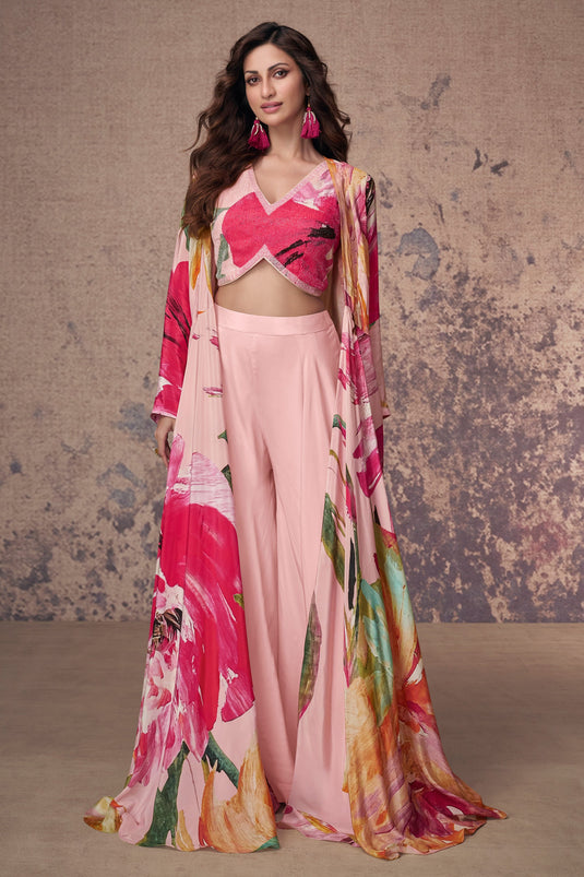 Diksha Singh Crepe Silk Pink Color Glamorous Readymade Palazzo Suit With Koti