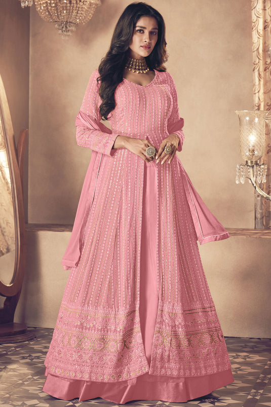 Georgette Fabric Embroidered Sangeet Wear Readymade Pretty Sharara Top Lehenga In Peach Color