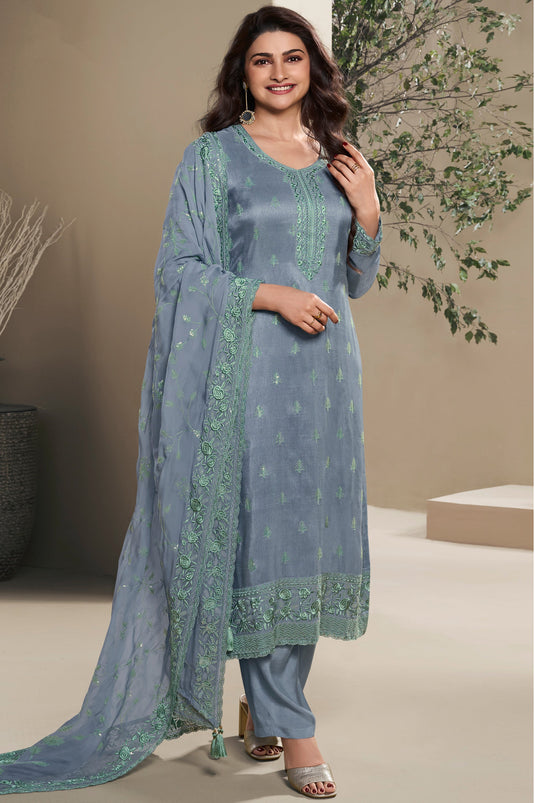 Prachi Desai Grey Color Art Silk Fabric Tempting Embroidered Salwar Suit