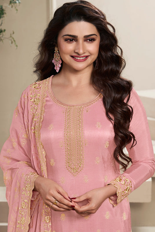 Prachi Desai Charming Pink Color Art Silk Fabric Embroidered Salwar Suit