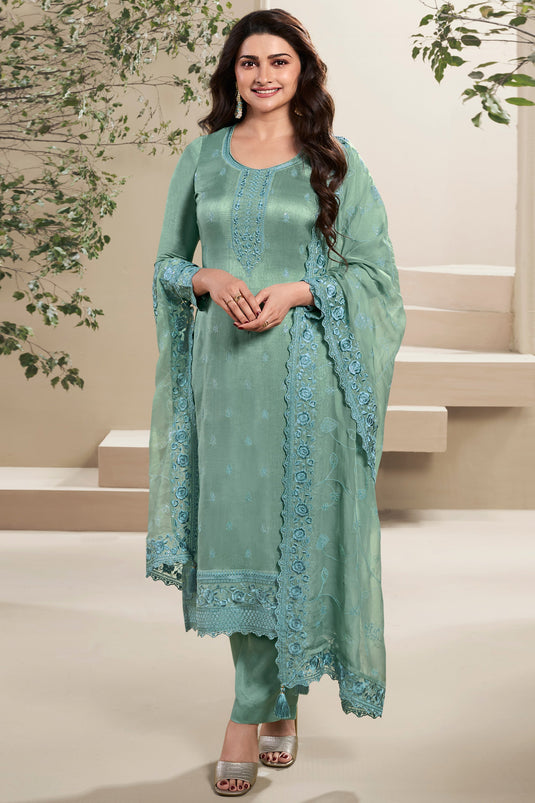 Prachi Desai Alluring Art Silk Fabric Sea Green Color Embroidered Salwar Suit
