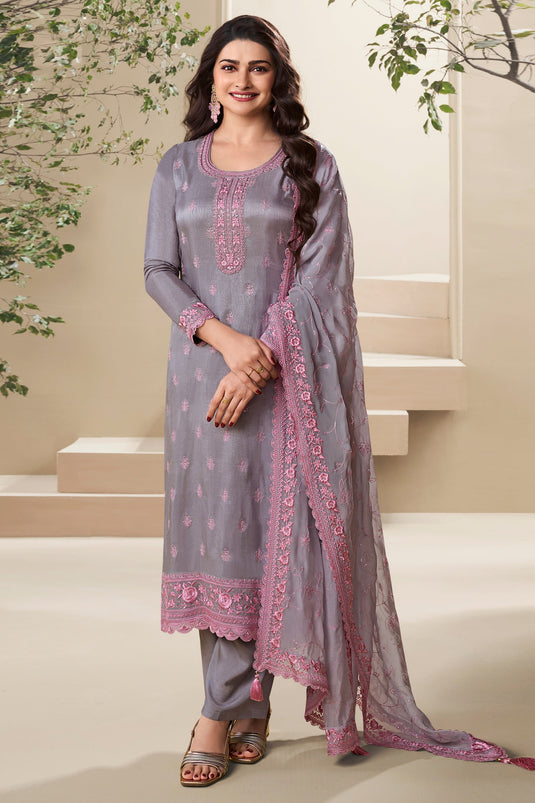Prachi Desai Excellent Art Silk Fabric Lavender Color Embroidered Salwar Suit